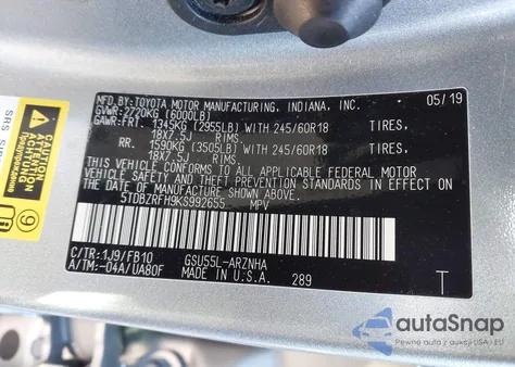 2019 Toyota Highlander Le from USA, damaged, VIN 5TDBZRFH9KS992655